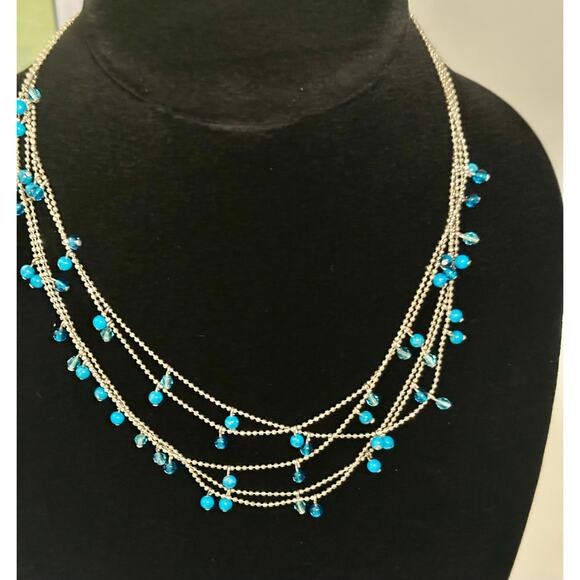 Vintage Silver Look and Aqua Bead Multilayer Necklace - Picture 1 of 5